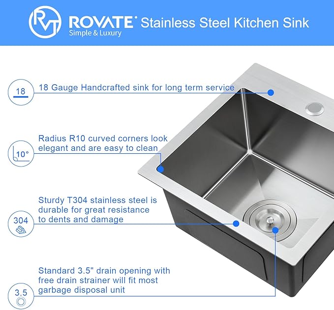 ROVATE 15 x 15 x 8 inch Drop in Bar Sink, Small Top-mount Kitchen Sink Single Bowl, Overmount Handmade 304 Stainless Steel Bar Sinks with Basket Strainer