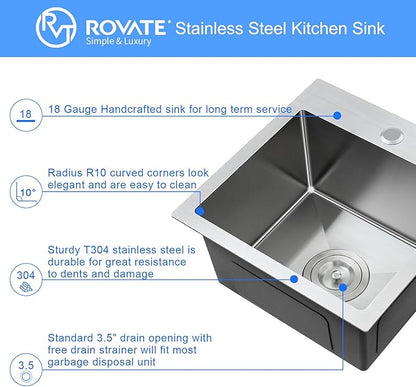 ROVATE 15 x 15 x 8 inch Drop in Bar Sink, Small Top-mount Kitchen Sink Single Bowl, Overmount Handmade 304 Stainless Steel Bar Sinks with Basket Strainer