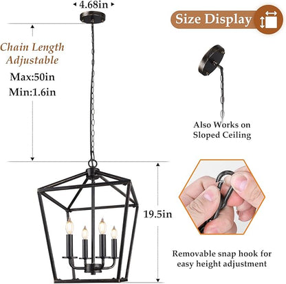 Farmhouse Chandelier 4-Light, Black & Gold Pendant Light Fixture for Kitchen Island Dining Room, Lantern Industrial Lighting Ceiling Hanging with Metal Cage Adjustable Height for Entryway Foyer