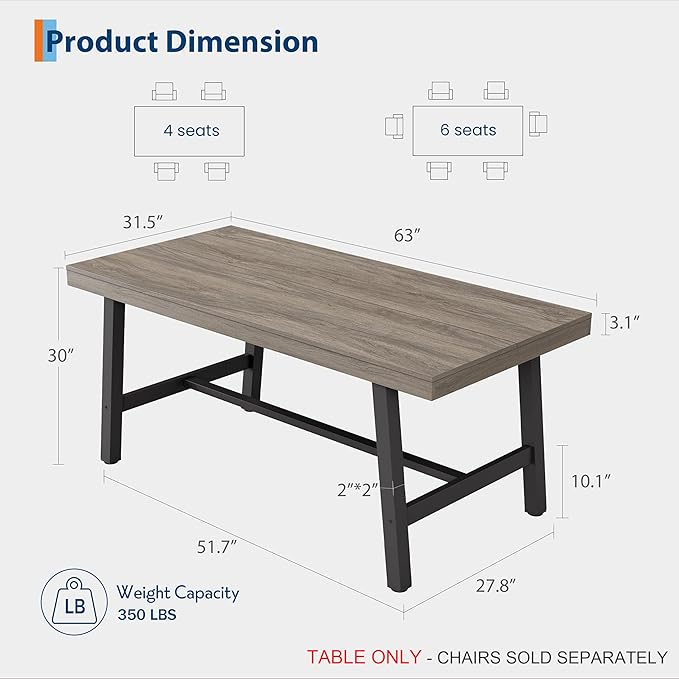 GarveeHome 63 Inch Compact Rectangular Table for Dining Room & Kitchen, Industrial Dining Table for 4-6 People, Heavy Duty Metal Frame, Grey Walnut