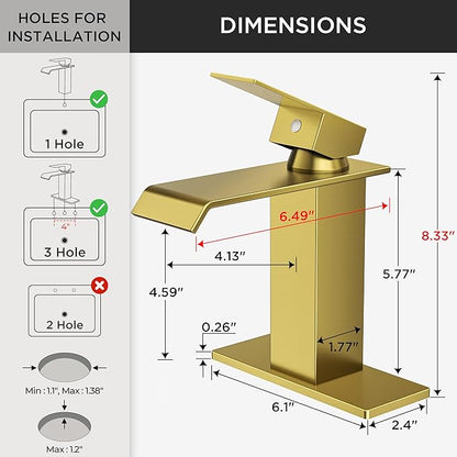 FORIOUS Gold Bathroom Faucet, Modern Waterfall Bathroom Sink Faucets 1 or 3 Hole Single Handle with Deck Plate and Drain, Suitable for Vanity Rv Camper Commerical
