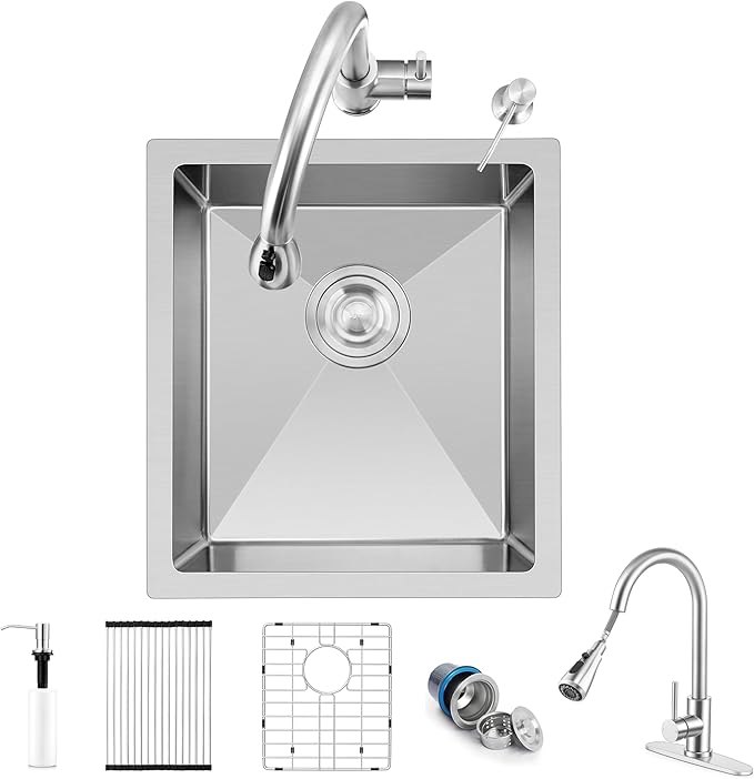 Herogo 15×17 Inch Undermount Kitchen Sink, Small Stainless Steel Deep Single Bowl Utility Sink for Rv Bar Outdoor Farmhouse Laundry Room
