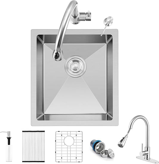 Herogo 15×17 Inch Undermount Kitchen Sink, Small Stainless Steel Deep Single Bowl Utility Sink for Rv Bar Outdoor Farmhouse Laundry Room