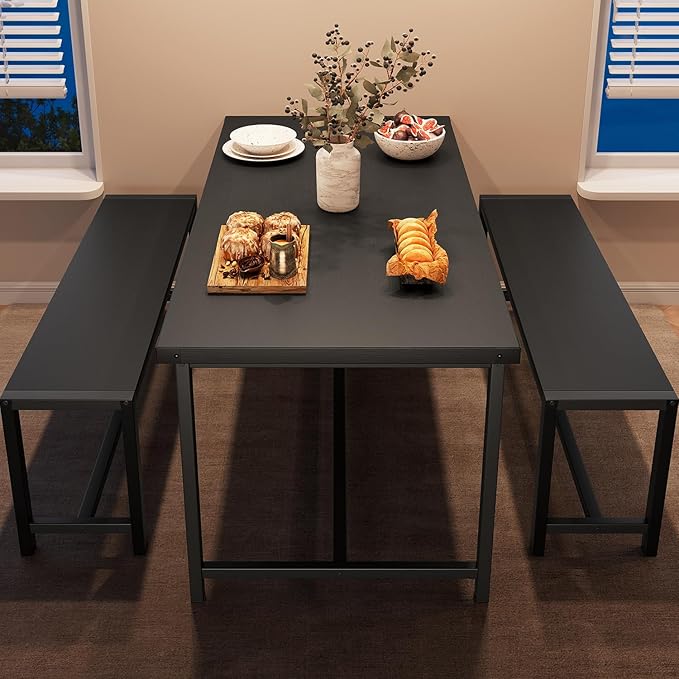 CABIHOME Dining Table Set for 4 with 2 Benches, Kitchen Table Set for 4-6 with Corner Protector, Dining Table and 2 Benches with H-Shaped Frame for Small Space, Kitchen, Apartment，Black