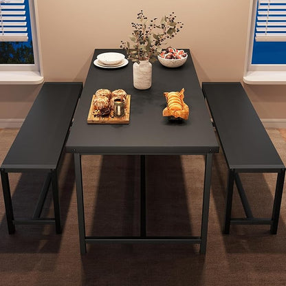 CABIHOME Dining Table Set for 4 with 2 Benches, Kitchen Table Set for 4-6 with Corner Protector, Dining Table and 2 Benches with H-Shaped Frame for Small Space, Kitchen, Apartment，Black