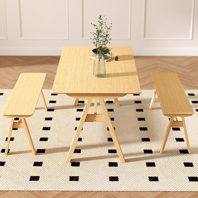 DUOMAY Wooden Dining Table with Bench Set, 59" Wide Rectangle Kitchen Table with 2 Long Benches for 4-6 for Home Small Space, Original Wood Color