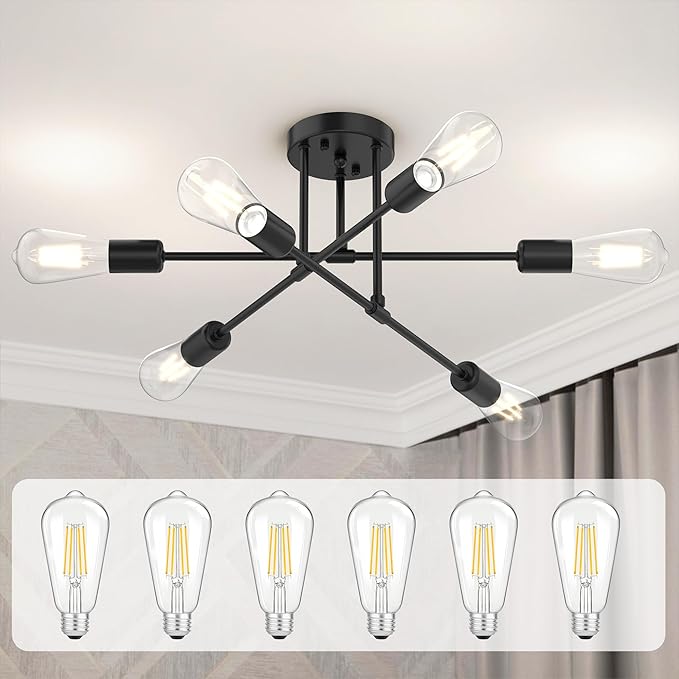 Modern Sputnik Chandelier Ceiling Light Fixtures, 6-Lights 22” Mid Century Industrial Metal Semi Flush Mount for Dining Room, Bedroom, Living Room, 6 T64 Bulbs