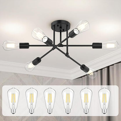 Modern Sputnik Chandelier Ceiling Light Fixtures, 6-Lights 22” Mid Century Industrial Metal Semi Flush Mount for Dining Room, Bedroom, Living Room, 6 T64 Bulbs