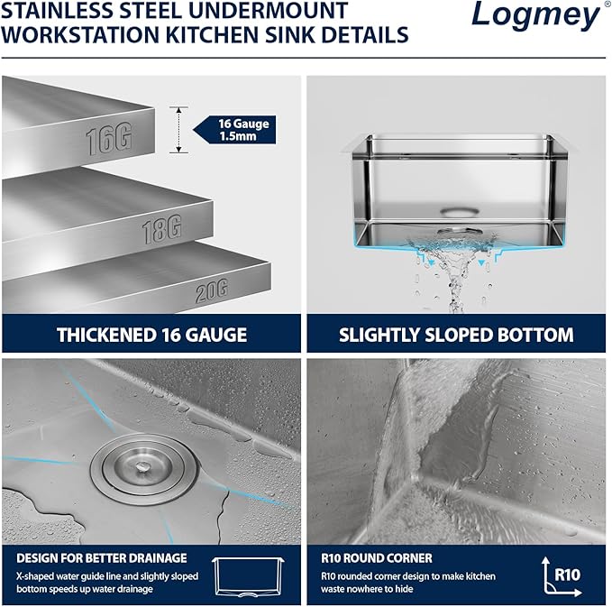 Logmey 21x18 Inch Outdoor Kitchen Sink Undermount Stainless Steel Single Bowl 16-Gauge Undermount Bar Sink with Foldable Faucet Combo Cover