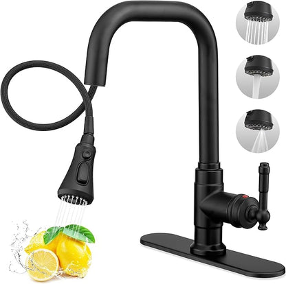 3 Function Black Kitchen Sink Faucet, 360 Degree Swivel Kitchen Faucets with Pull Down Sprayer, Single Handle with Deck Plate for 1 or 3 Hole, Stainless Steel