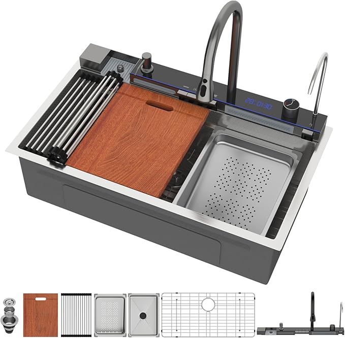 Mocoloo 33 Inch Honeycomb Waterfall Kitchen Sink Drop in, 33x19 Inch Stainless Steel Workstation Sink 16 Gauge Topmount Single Bowl Sink with Complete Kit