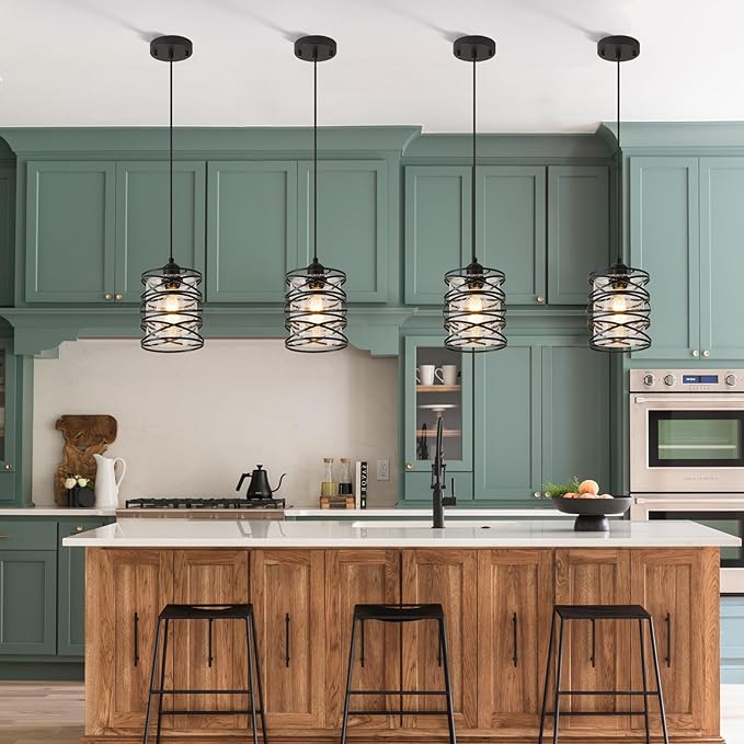 3-Pack Spiral Glass Pendant Lights Kitchen Island Mini Black Pendant Light Modern Metal Cage Handblown Seeded Glass Ceiling Hanging Lamp Adjustable Cord for Dining Room Foyer Hallway, E26