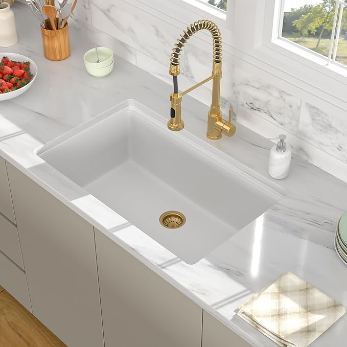 30 Inch White Undermount Kitchen Sink - Beslend 30x19x10 Inch Granite Composite Undermount Sink Under counter Quartz Workstation Sinks with Single Ledge Elegant Single Bowl Dish Basin