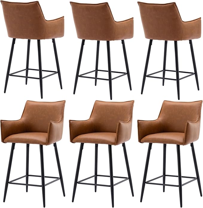 Brown Leather Counter Stools Set o f 6, Mid Century Modern Upholstered Kitchen Chairs with Arms and Black Metal Legs 26” Height Stools with Back for Dining Room Home Pub Faux Leather in Brown