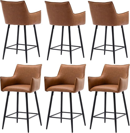 Brown Leather Counter Stools Set o f 6, Mid Century Modern Upholstered Kitchen Chairs with Arms and Black Metal Legs 26” Height Stools with Back for Dining Room Home Pub Faux Leather in Brown