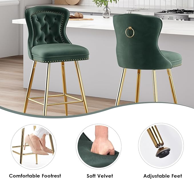 Luxurious Velvet Counter Height Bar Stools Set of 2 with Metal Legs, Button Tufted, Nailheads Trim, Wing-Back Bar Chairs for Kitchen Island Dining Room Pub(Green)