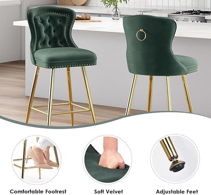 Luxurious Velvet Counter Height Bar Stools Set of 2 with Metal Legs, Button Tufted, Nailheads Trim, Wing-Back Bar Chairs for Kitchen Island Dining Room Pub(Green)