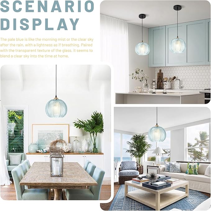 Glass Pendant Light Fixtures, Mid-Century Modern Hanging Lamp with 8.2" Light Blue Shade, Gold Chandelier Coastal Ceiling Light for Dining Table, Kitchen Island, Bedroom