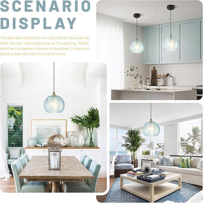 Glass Pendant Light Fixtures, Mid-Century Modern Hanging Lamp with 8.2" Light Blue Shade, Gold Chandelier Coastal Ceiling Light for Dining Table, Kitchen Island, Bedroom