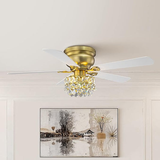 48" Crystal Ceiling Fan with Light and Remote, Brass Flush Mount Chandelier Ceiling Fan, 5-Blade Quiet Reversible AC Motor, Vintage Crystal Fandelier for Living Room Bedroom Dining Room