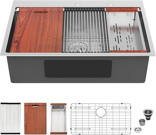 Mocoloo 33 x 22 Inch Drop In Kitchen Sink - 33 Inch Topmount Kitchen Sinks Stainless Steel 16 Gauge Single Bowl Top Mount Handmade Workstation Sink, 10'' Deep Basin Modern