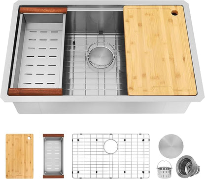 30 Inch Undermount Kitchen Sink,16 Gauge Stainless Steel Kitchen Sink Single Bowl, 30"x19"x9" Undermount Sink Ledge Workstation Sinks With All Accessories, Multi-Functional Workstation Sinks