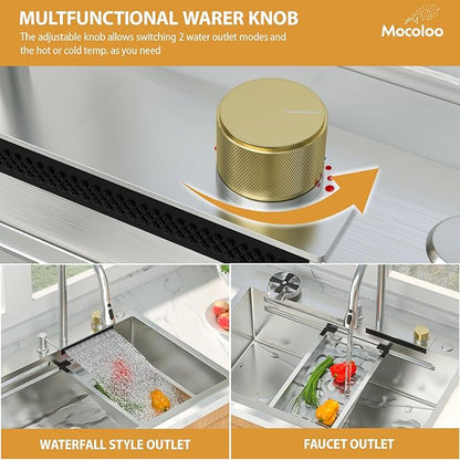 Mocoloo 33 Inch Honeycomb Waterfall Kitchen Sink - 33x19 Drop In Ledge Workstation 16 Gauge Stainless Steel Single Bowl Modern Sink with Faucet Combo and Built-in Accessories