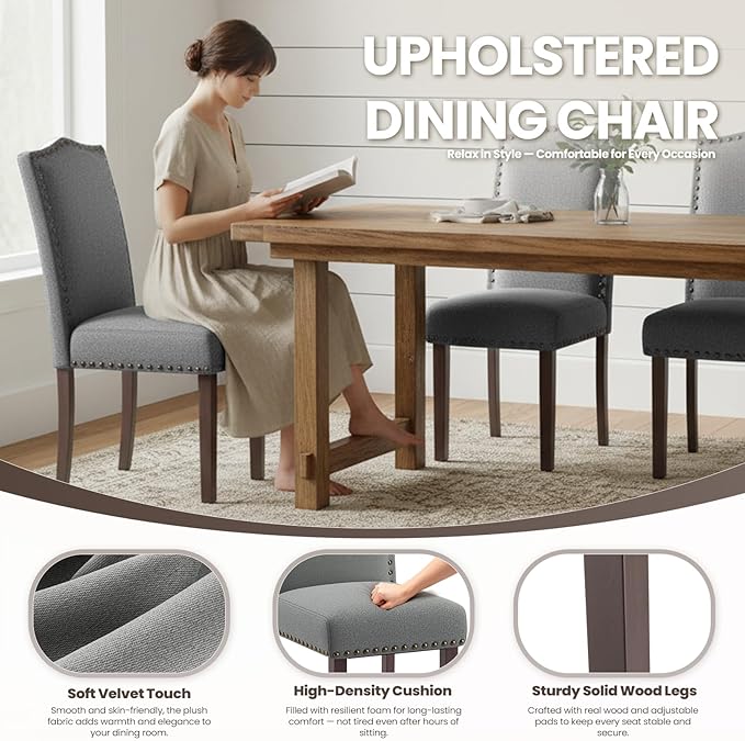 COLAMY Grey Upholstered Parsons Dining Chairs Set of 4,Comfortable Foam Seat, Classic Nailhead Trim, Solid Wood Legs, Stable & Easy to Assemble for Dining Room, Kitchen, Living Room & Café