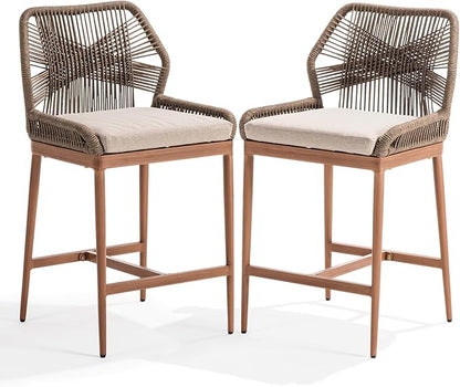 IDZO Boho Rope Bar Stools Set of 2, 24" Counter Height, 400lbs Capacity, Cushioned, Aluminum Base, Ergonomic Backrest, Indoor/Outdoor Use, Easy Assembly
