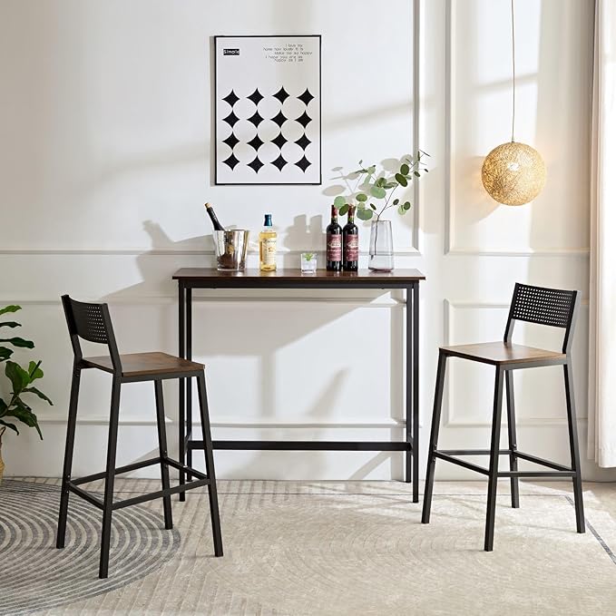 3 Piece High Top Table Set Kitchen Bar Table and Chairs Set for 2, Island Dining Table,Counter Height Pub Small Table Set, Industrial, Rustic Brown