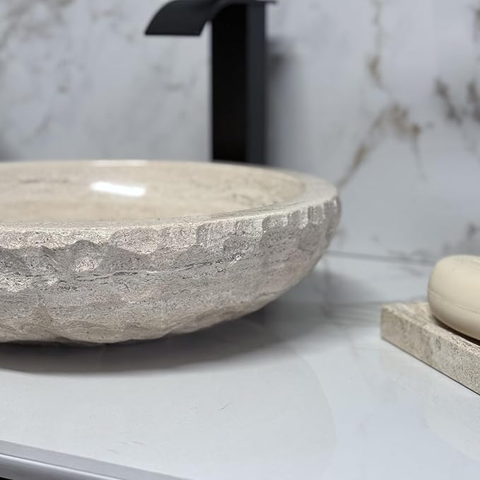 Shades of Nature Round Bowl Travertine Vessel Sink, Natural Stone Wash Basin, Hand-Carved Bathroom Sink, Chiseled Exterior, Polished Interior, Above Counter Vanity (Soap Tray Included)