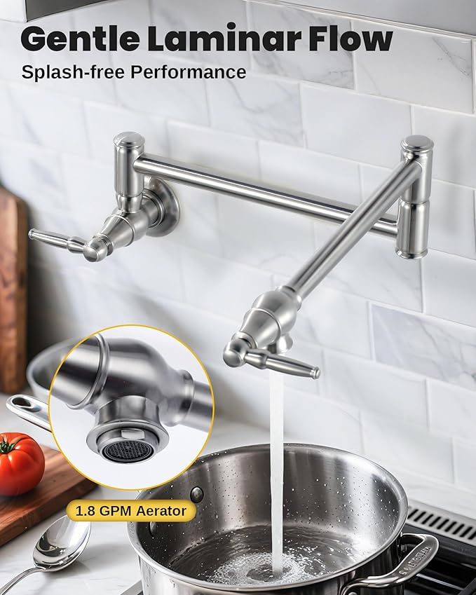 Pot Filler Faucet Brushed Nickel: Solid Brass Wall Mount Heavy Duty Stove Pot Filler with Double Joint Swing Arms - Single Hole Commercial Folding Stretchable Faucet 2 Handles for Kitchen Restaurant