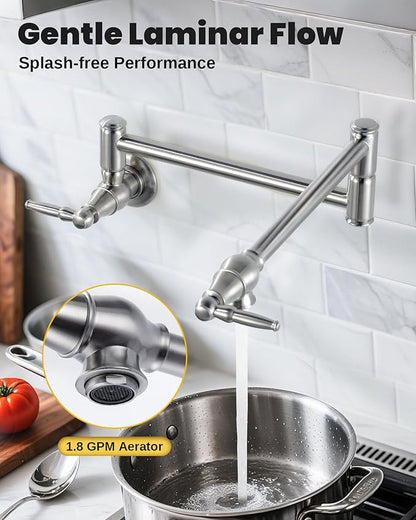 Pot Filler Faucet Brushed Nickel: Solid Brass Wall Mount Heavy Duty Stove Pot Filler with Double Joint Swing Arms - Single Hole Commercial Folding Stretchable Faucet 2 Handles for Kitchen Restaurant