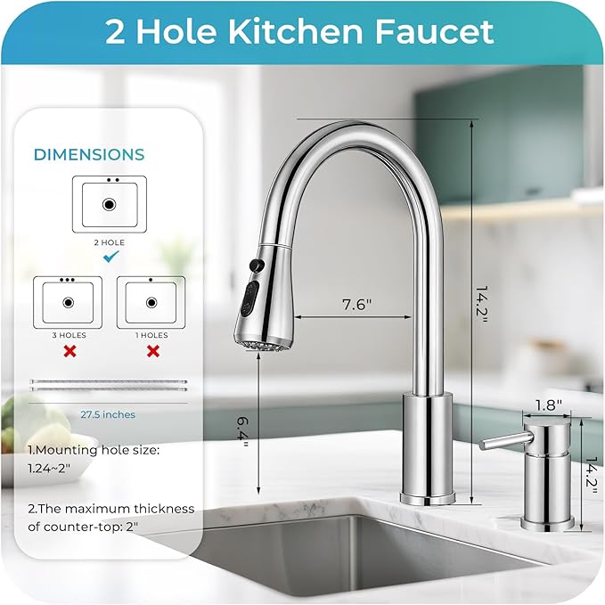 Pull Down Kitchen Faucet 2 Hole - Polished Chrome Single Handle Kitchen Faucets, High Arc Stainless Steel Pull Out Kitchen Sink Faucet for RV Laundry Farmhouse Bar