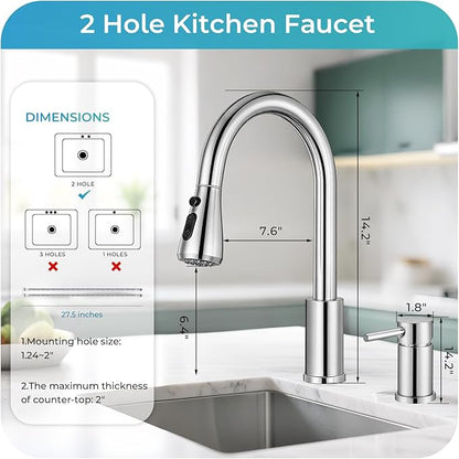 Pull Down Kitchen Faucet 2 Hole - Polished Chrome Single Handle Kitchen Faucets, High Arc Stainless Steel Pull Out Kitchen Sink Faucet for RV Laundry Farmhouse Bar
