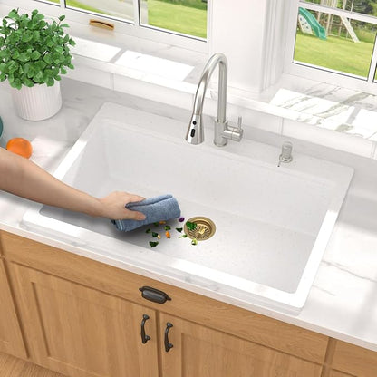 33 Inch Granite Composite Kitchen Sink - White Drop In Workstation All-In One Classic Quartz Single Bowl Kitchen Sink Basin, 2-Holes, 33x22, Top-Mount #TLGT-113