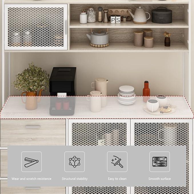 AGOTENI Large Kitchen Hutch Cabinet, Storage Cupboard Pantry with 3 Metal Doors, 3 Drawers & Microwave Shelf, for Kitchen Open Storage, Oak (59" W x 15.7" D x 68.5" H)