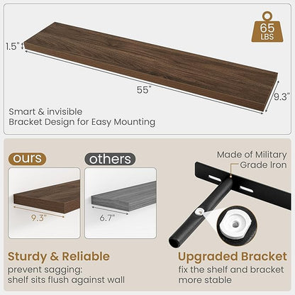 55"W x 9.3"D Floating Shelves for Wall, Wall Mounted Bathroom Shelves 2 Pack Deep Floating Shelf for Bedroom Kitchen Living Room, Rustic Wooden Wall Shelf with Invisible Bracket for Books Decor