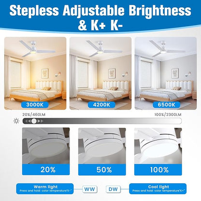 Newday 48 Inch Ceiling Fans with Lights Remote for Bedroom Living Room Kitchen Office, Indoor or Covered Outdoor, 3CCT Dimmable, 3 Blades, 6 Speed Reversible Quiet DC Motor, White/Wood Grain