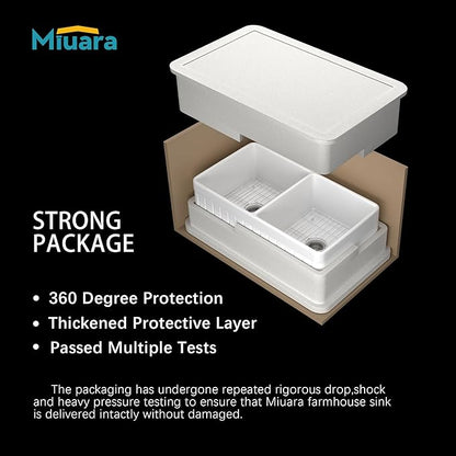 Miuara Farmhouse Sink Double Bowl 33 Inch - White Apron Front Kitchen Sink Reversible 33"x18"x10", Undermount Installation, Farm House﻿ Style Dual Basin 50/50, Heavy Duty Solid Fireclay, for Kitchen