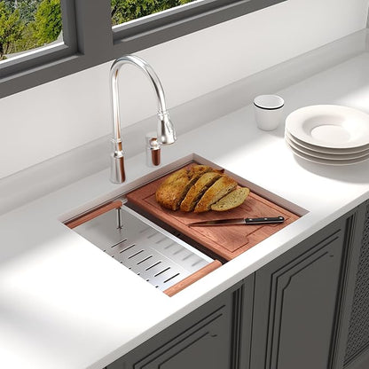 Lordear 23 Inch Undermount Kitchen Sink Workstation16 Gauge Stainless Steel Bar Sinks Single Bowl with Cutting Board Under Counter Handmade Sink