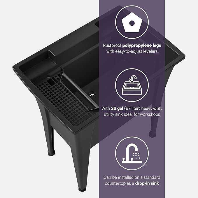32” Utility Sinks for Laundry Room, Garage, Garden, Basement – Noah William Home Indoor and Outdoor Polypropylene Basement Wash Tub - No Faucet Included (Black)