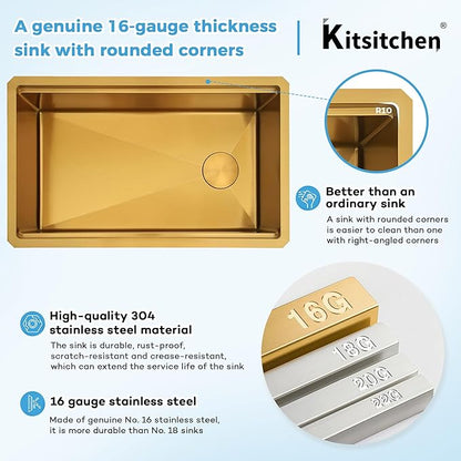 Kitsitchen Gold Undermount Kitchen Sink 23 Inch,16 Gauge Stainless Steel Single Bowl Undermount Sink,Workstation Kitchen Sinks with Accessories,Round Corner & Offset Drain Design (23" X 18"X 10")