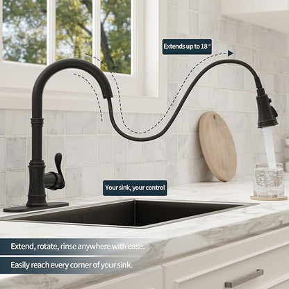 BWE Black Kitchen Faucet with Pull Down Sprayer, Solid Brass High Arc Single Handle Sink Faucet for Farmhouse Kitchen, 3 Spray Modes