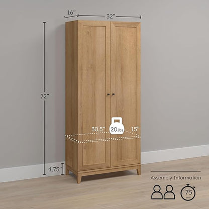 Prepac Yaletown 72" Tall Storage Cabinet with Wood Legs, Pantry Cabinet with 3 Adjustable Shelves, Bathroom, Kitchen and Home Organization in Natural Oak, 16" D x 32" W x 72" H