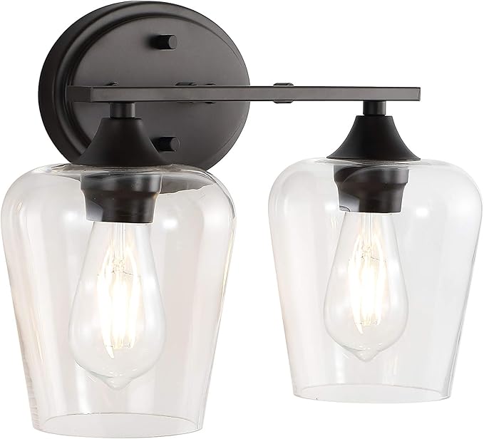 JONATHAN Y 15.75" Oil Rubbed Bronze 2-Light Farmhouse Rustic LED Vanity Light Sconce, Clear Glass Shade, Vintage Indoor Fixture for Bathroom Mirror, LED Bulb Included (JYL7546A)