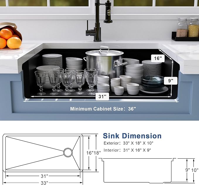 Black Undermount Kitchen Sink 33 inch,16 Gauge Stainless Steel Sinks,Single Bowl Workstation Sink,Modern Kitchen Sink Offset Drain (33" X 18")