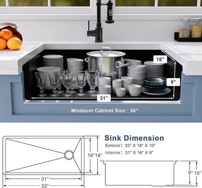 Black Undermount Kitchen Sink 33 inch,16 Gauge Stainless Steel Sinks,Single Bowl Workstation Sink,Modern Kitchen Sink Offset Drain (33" X 18")