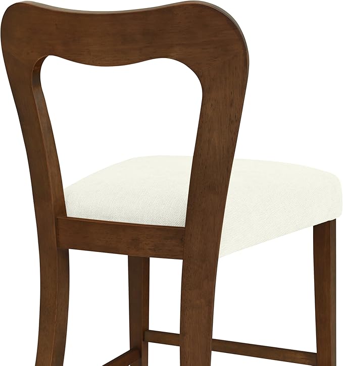 Counter Stools Without Arms Set of 2 (Walnut + Beige) - Solid Rubberwood Frame & Fabric Seat, Ergonomic Curved Back, 300LBS Capacity for Kitchen Island, Dining Room, Home Bar