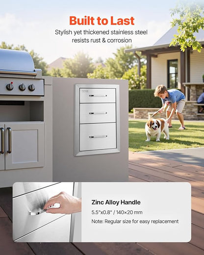 VEVOR 14x20.3 Inch Outdoor Kitchen Drawers Stainless Steel, Flush Mount Triple Drawers, 14W x 20.3H x 23D Inch, with Stainless Steel Handle, Outdoor Kitchens or BBQ Island
